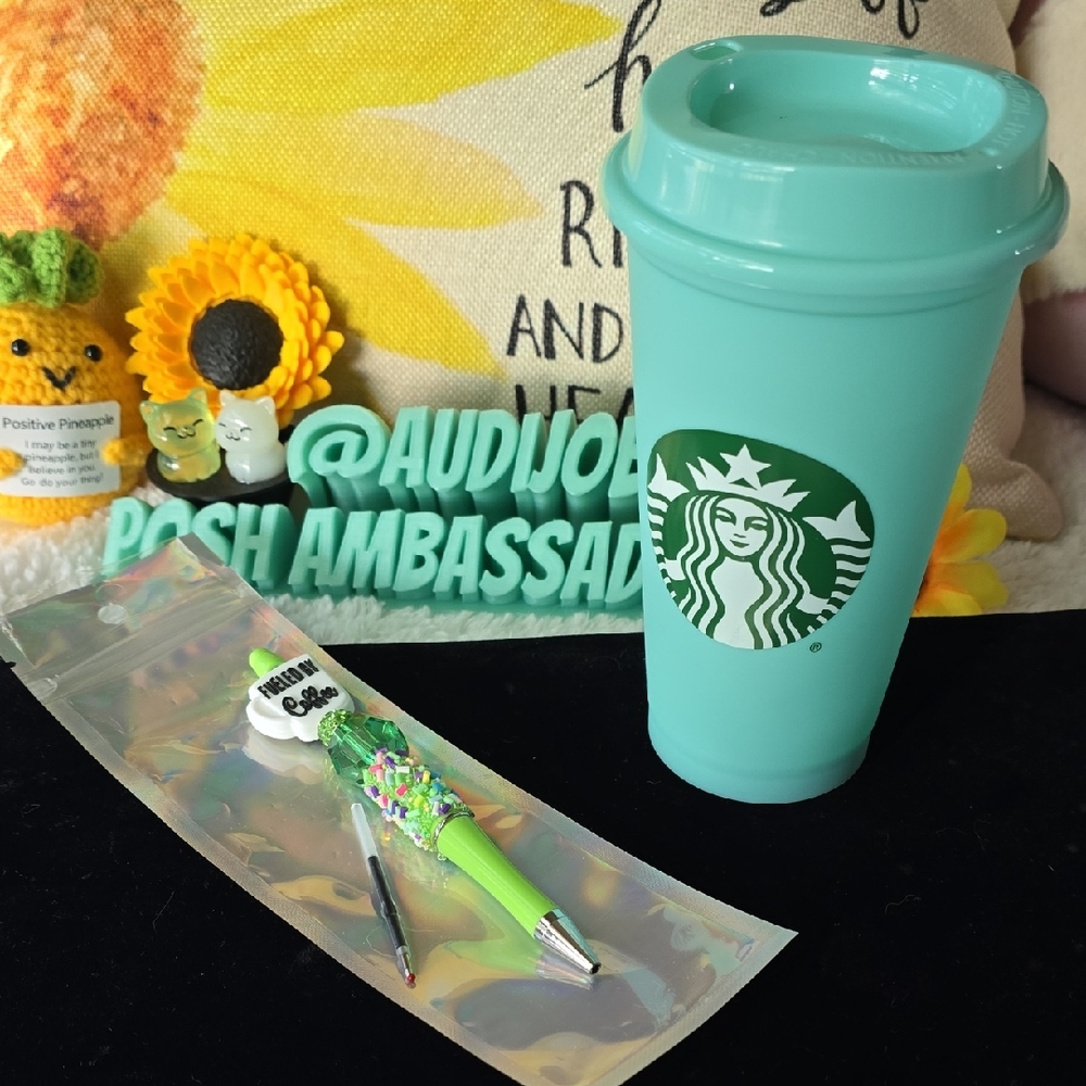 Starbucks Mint Green Reusable Travel Cup And Fueled By Coffee Pen + Ink Refill